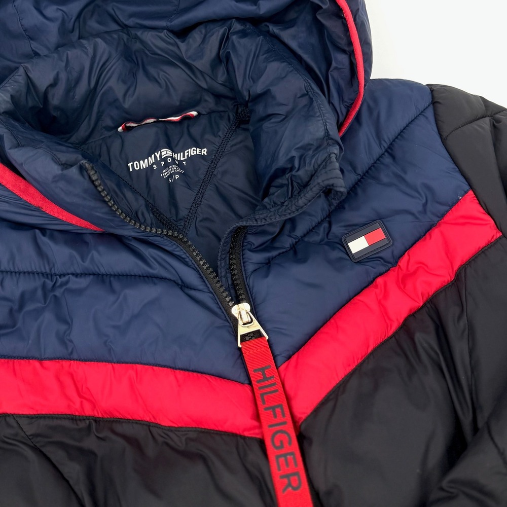 Tommy Hilfiger Puffer Jacket Women Small Navy Red Black Excellent Colorblock Zip